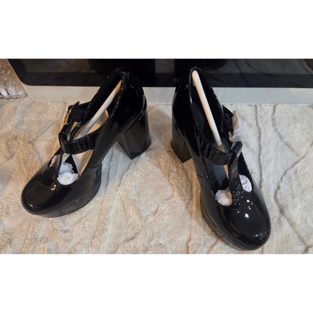 Black Patent T-Strap Platform Mary Jane Pumps Chunky Block Heel Gothic Size 6 - Picture 3 of 16